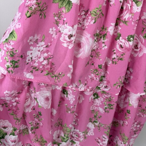 August Sky Women’s Smocked Midi Dress Pink Floral Tiered Ruffle Sleeveless L - Picture 9 of 10